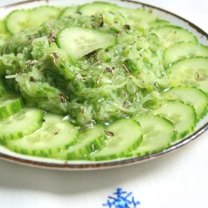 Moroccan bendy cucumber salad with oregano in grated and sliced form
