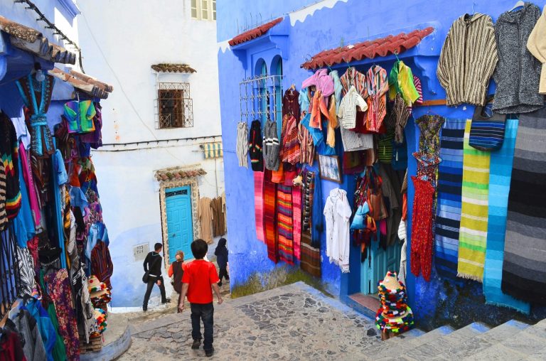 A narrow street in Chefchaouen, Morocco.