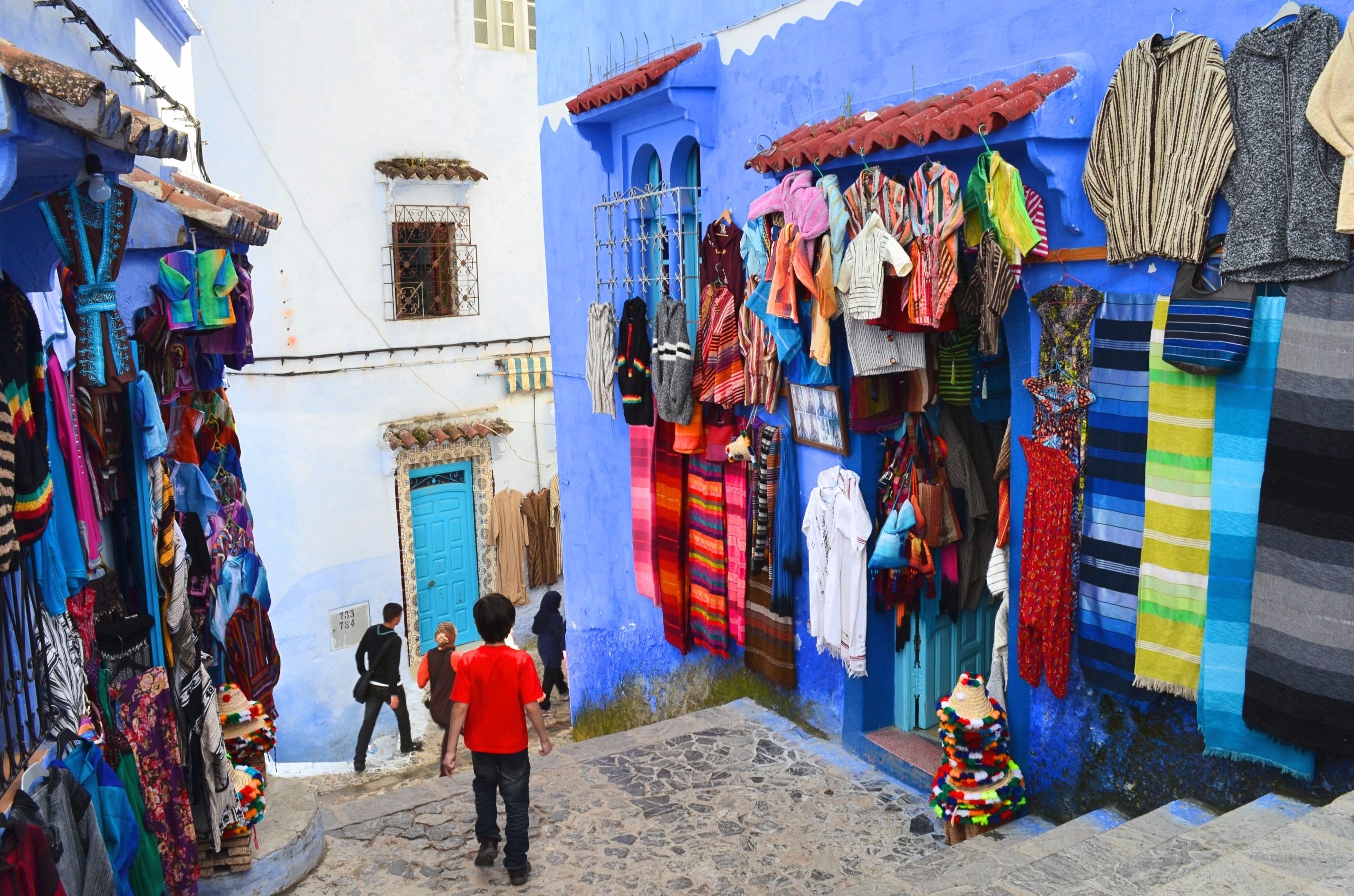 A narrow street in Chefchaouen, Morocco.