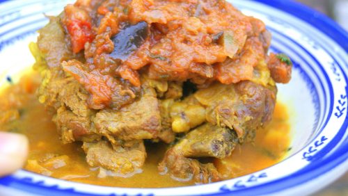 Moroccan meat cooked m'qualli style with aubegine zaalook.