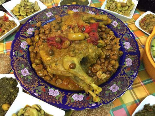 Chicken cooked mchermel style with meslalla olives.