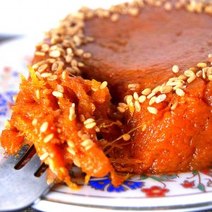 Moroccan pumpkin paste topped with sesame seeds