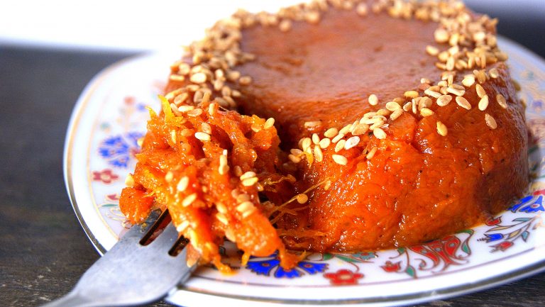 Moroccan pumpkin paste topped with sesame seeds