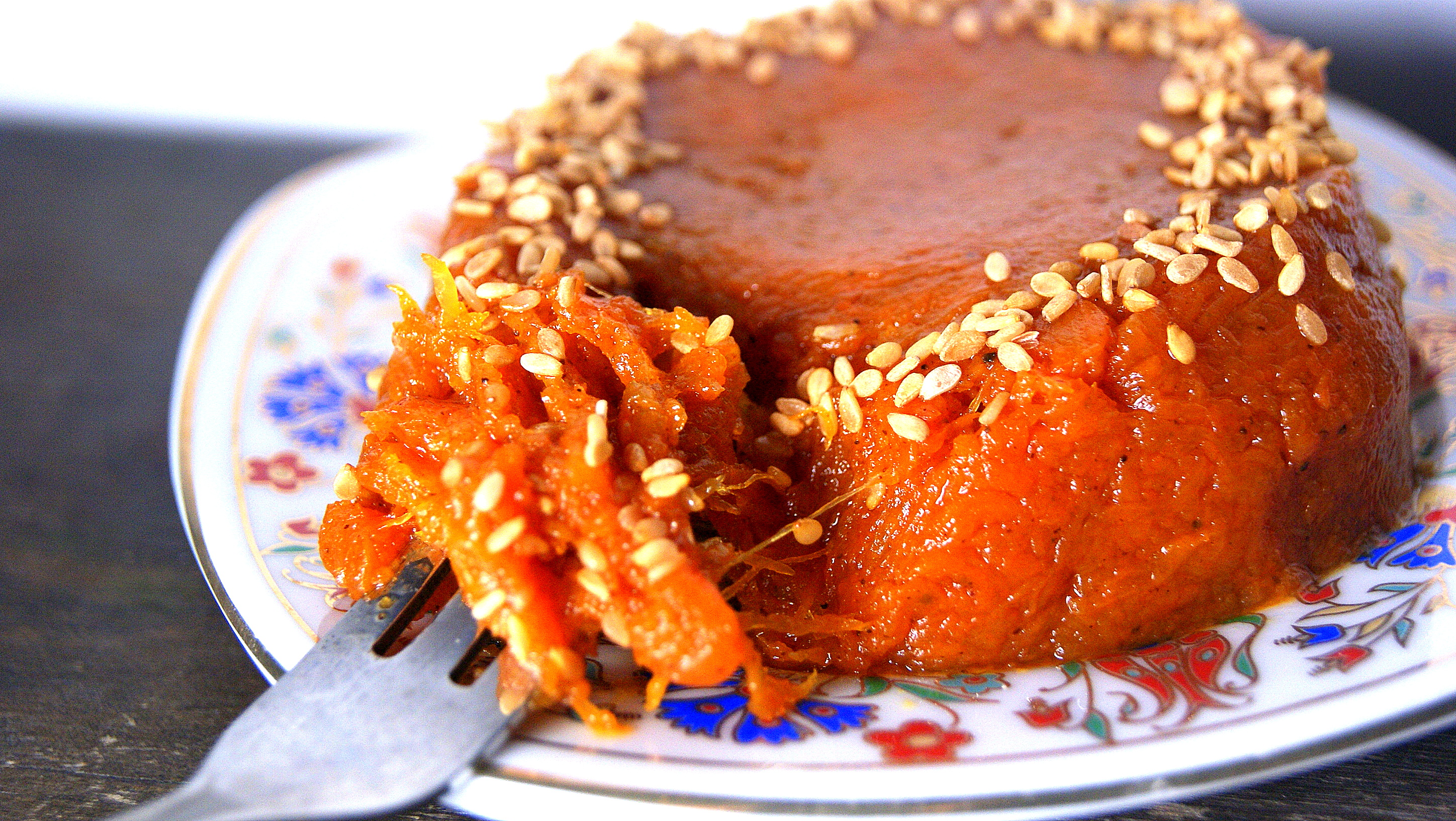 Moroccan pumpkin paste topped with sesame seeds