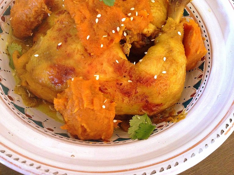 Moroccan chicken M'qualli with pumpkin paste.