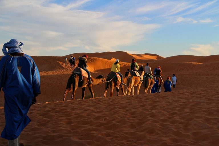 Tourists riding camels in Morocco.