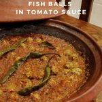 Pinterest image of fish balls in tomato sauce.