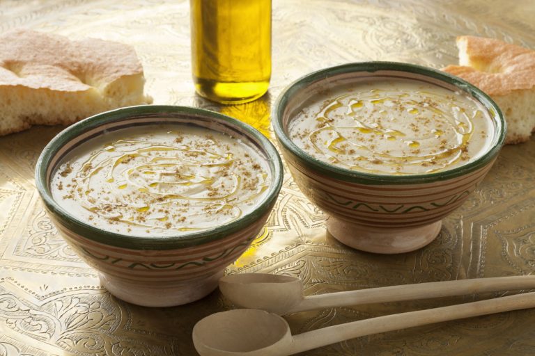 Two bowls of Moroccan bessara, dried fava bean soup.